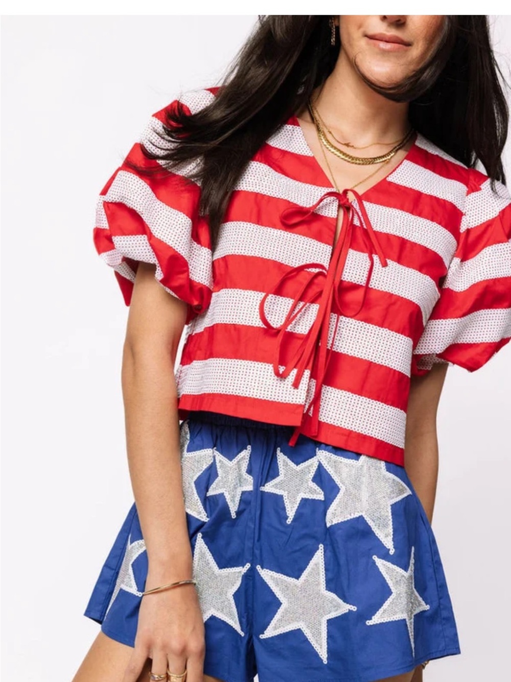 QUEEN OF SPARKLES Red & White Striped Tie-Front Puff Sleeve Crop Top